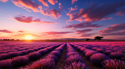 Lavender field sunset and lines. Generative AI