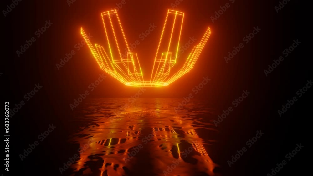Poster neon design of flower 4k video with various neon elements and a reflecting floor. looped 3d render. 