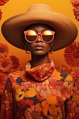 an african woman dressed for the beach wearing sunglasses and a hat, dark orange and pink, floral explosions, environmental portraiture