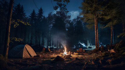 Naklejka premium Group of Tents in the Middle of a Forest. Generative Ai