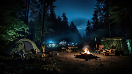 Group of Tents in the Middle of a Forest. Generative Ai