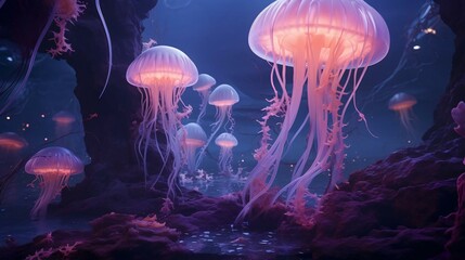 a group of jellyfish in the water - obrazy, fototapety, plakaty