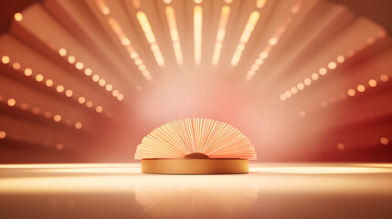 Chinese New Year background with podium, paper fan and bokeh, stage lighting on red Background
