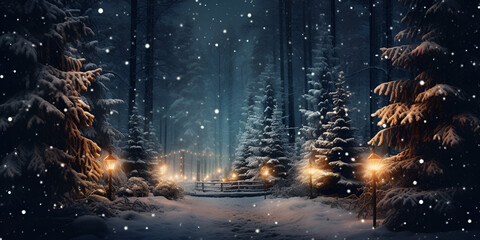 Illuminate pine tree in forest snow rain Snowy trees in a snowy landscape with sky winter christmas...