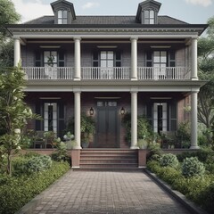 Private house in classic Colonial architectural style with terrace and columns