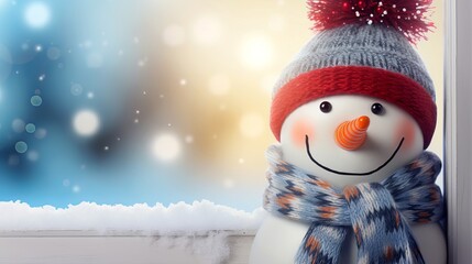Winter holiday christmas greeting card background concept - close up of cute funny laughing snowman with scarf and silk hat outside the window - obrazy, fototapety, plakaty