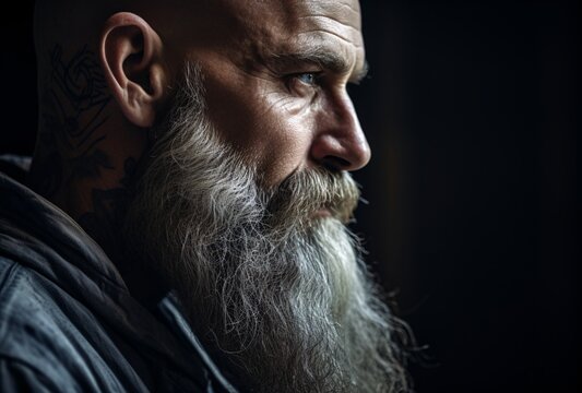 senior bald man with a long beard staring into space, light indigo and gray, post processing, close-up