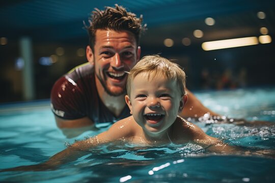 young man swimming coach teaching baby to swim in the pool