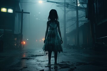 ghost of a little girl in dress on a foggy night street - obrazy, fototapety, plakaty