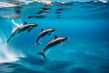 dolphins swimming in crystal-clear, blue waves