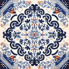 Seamless pattern with chinese blue floral ornament on beige background.