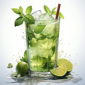 Mojito Cocktail with Mint and Ice on Watercolor Oil Painting On White Background