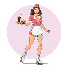 Waitress on roller skates, drive-in restaurant diner service. Young cute girl in uniform holding tray with hamburger menu and cola. Retro 50's or 60's American style vector illustration