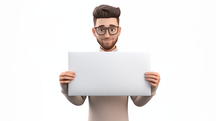 3D business avatar with modern hairstyle holding blank sign: advertising mockup with smiling man in business casual