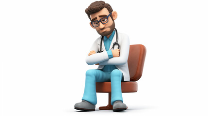 3D-Comic-Szene: Nachdenklicher Arzt sitzt traurig auf dem Sessel