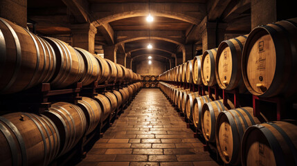 Rows of wine barrels in wine-vaults in order. Cellar with French barrique wine casks. Generative AI