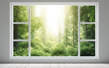 白い窓枠が開かれて森が見える