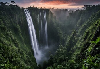 Fototapeta premium Abyssal Ascent: Indonesia's Tumpak Sewu Waterfall at Dawn.