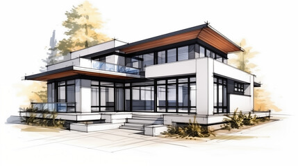Moderne Wohnarchitektur: Eine Skizze des äußeren Anblicks eines neuen Hauses mit charakteristischen Fenstern