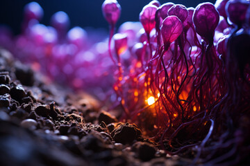 vibrant delves beneath the surface to reveal the intricate and dynamic world of plant roots, showcasing their role in anchoring, nourishing, and communicating with the soil - obrazy, fototapety, plakaty