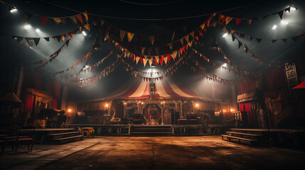 Vintage Circus Tent Interior with Festive Bunting and Theatrical Stage Lighting. Generative AI - obrazy, fototapety, plakaty