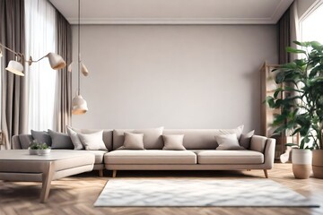 Interior of modern room with comfortable sofa. Blurred Modern living room interior with sofa, furniture and flowers, use for background, 8k.  