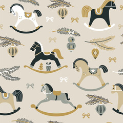 Christmas pattern with childish rocking horses on beige background. Pine branch. Holiday design for Textile, Fabrics, Wrapping paper, Gift boxes.