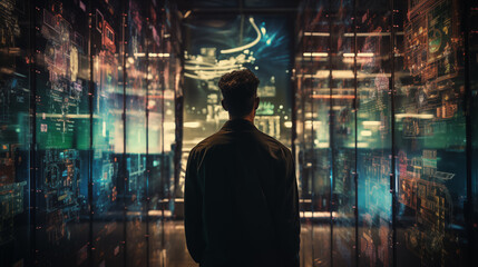 Man standing before futuristic server room with holographic projections and illuminated data racks. Generative AI