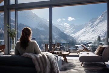 Traveler enjoying weekends inside contemporary barn house in the mountains. Happy tourist looking through panoramic windows in new cottage. comeliness - obrazy, fototapety, plakaty