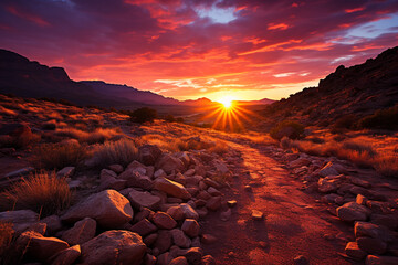 vibrant dramatic and vibrant colors of a desert sunset, with the sky ablaze in shades of red, orange, and purple, and the landscape basking in the warm and golden light - obrazy, fototapety, plakaty