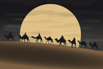 Camel caravan with desert landscape, night sky background. Vector illustration. 
