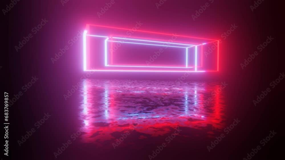 Aufkleber neon design of wireframe box. 4k video with various neon elements and a reflecting floor. looped 3d 