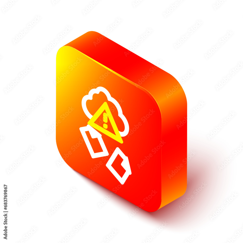 Poster isometric line cloud hacking icon isolated on white background. cloud leak. orange square button. ve