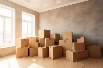 Empty room filled with numerous cardboard boxes, symbolizing moving and purchasing a new home. A visual representation of relocation, change, and the anticipation of a fresh start.