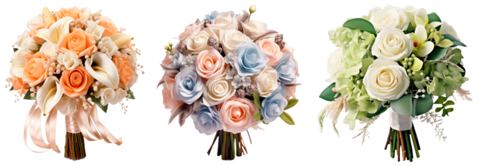Set/collection of wedding bouquets. Wedding bouquet of white, orange and pink roses. The bride's bouquet. Isolated on a transparent background.