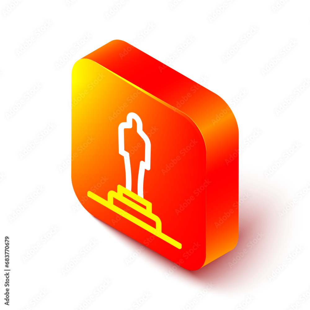 Poster isometric line 3d printer model icon isolated on white background. 3d printing. orange square button