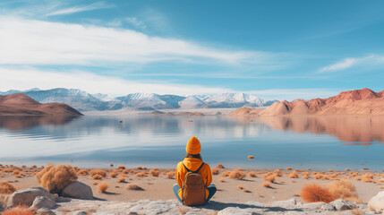A Person in an Orange Beanie and Yellow Jacket Sitting by a Serene Mountain Lake. Generative AI