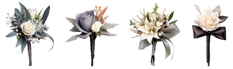 Set/collection of wedding boutonnieres. Flowers for decoration. Flowers for the groom's suit....