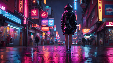 A girl standing on the street at night with pink and blue and purple lights