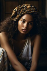 a young african woman in a headband sits in pensive positions on a tabletop