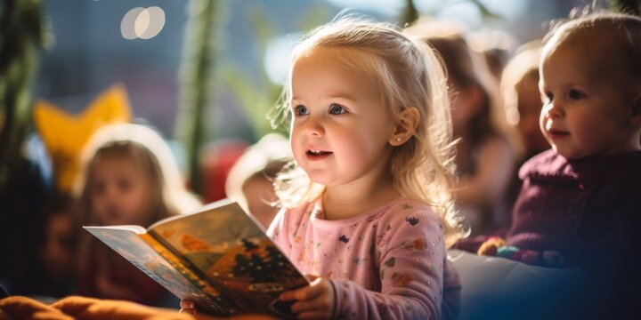 Infant Toddler Toddlers At Preschool And Kindergarten Reading, Bokeh Panorama, Close-up Intensity, Fairy Tale