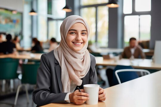 A schoolgirl in a hijab in the school canteen.Beautiful young muslim woman in hijab sitting in a modern cafe