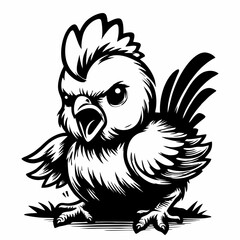 angry rooster black and white vector illustration