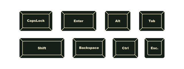 Keyboard Keys set. Escape, Backspace, control, shift, enter, capslock, Tab buttons set in black and white. Editable Keyboard icons set