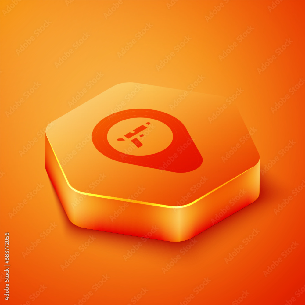 Poster isometric location with weapon icon isolated on orange background. orange hexagon button. vector