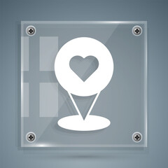 White Map pointer with heart icon isolated on grey background. Valentines day. Love location. Romantic map pin. Square glass panels. Vector