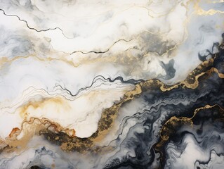 marble fractal with gold and silver foil, aerial, light white and dark gray, fluid washes of color