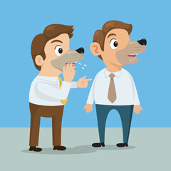 Two business people friends that has a mouth human with dogs mouths gossip,illustration vector eps10 cartoon.