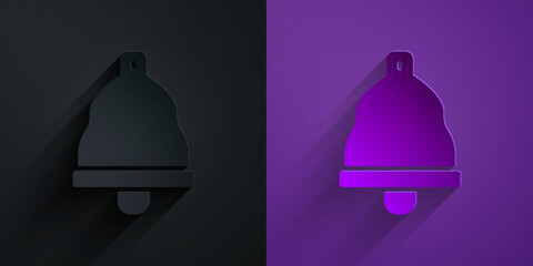 Paper cut Church bell icon isolated on black on purple background. Alarm symbol, service bell, handbell sign, notification symbol. Paper art style. Vector