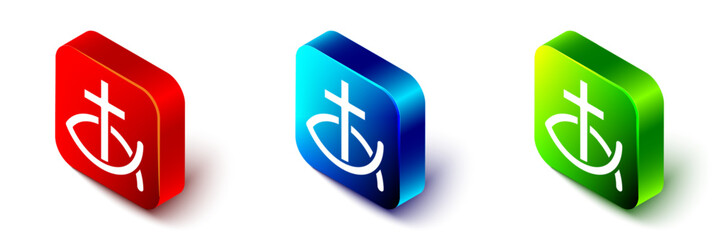 Isometric Christian fish symbol icon isolated on white background. Jesus fish symbol. Red, blue and green square button. Vector